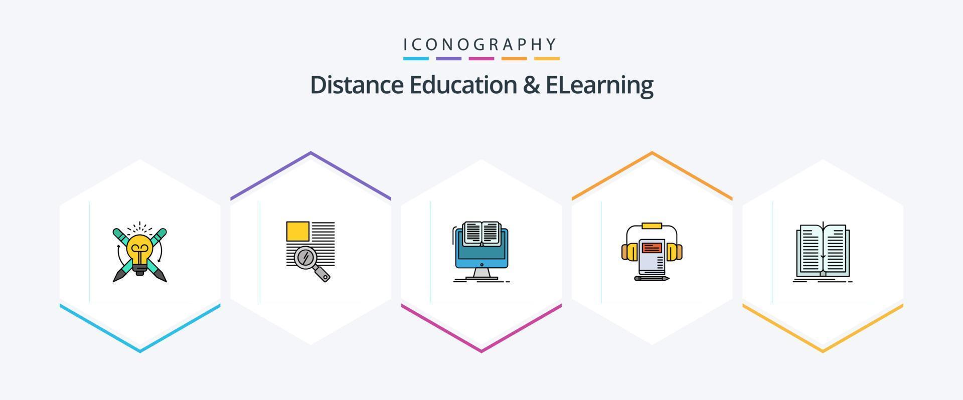 distanza formazione scolastica e elearning 25 riga piena icona imballare Compreso libro. Audio. lettura. musica. CV vettore