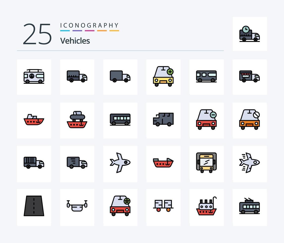veicoli 25 linea pieno icona imballare Compreso ghiaccio crema. furgone. Inserisci. combo. veicoli vettore