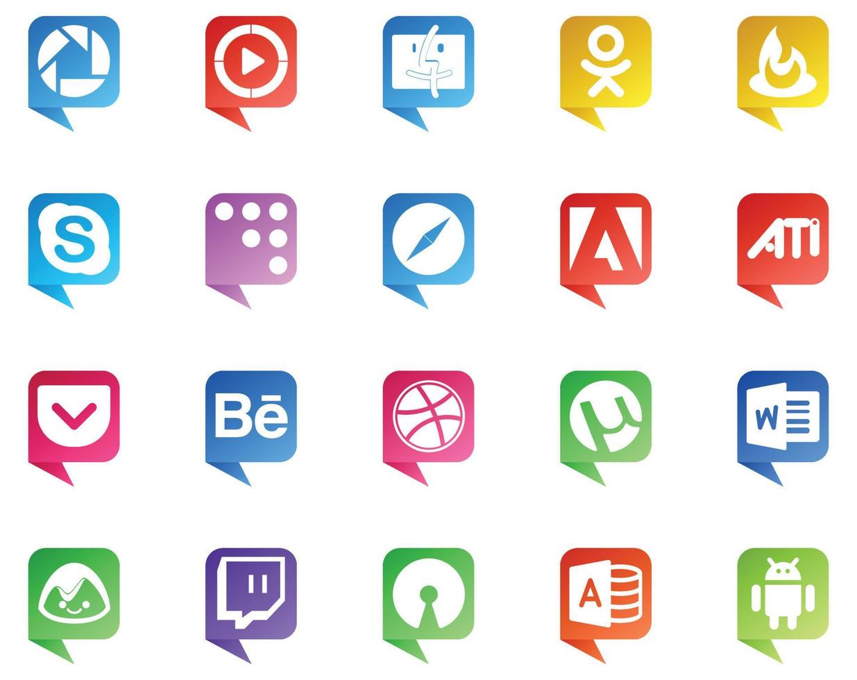 20 sociale media discorso bolla stile logo piace parola Dribbble coderwall Behance ati vettore