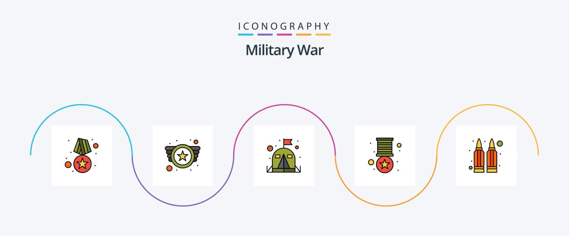 militare guerra linea pieno piatto 5 icona imballare Compreso sparare. proiettili. campo. rango. distintivo vettore