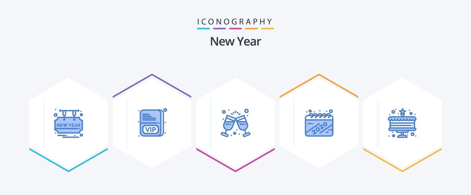 nuovo anno 25 blu icona imballare Compreso nuovo anno. torta. vino bicchiere. celebrazione. Data vettore