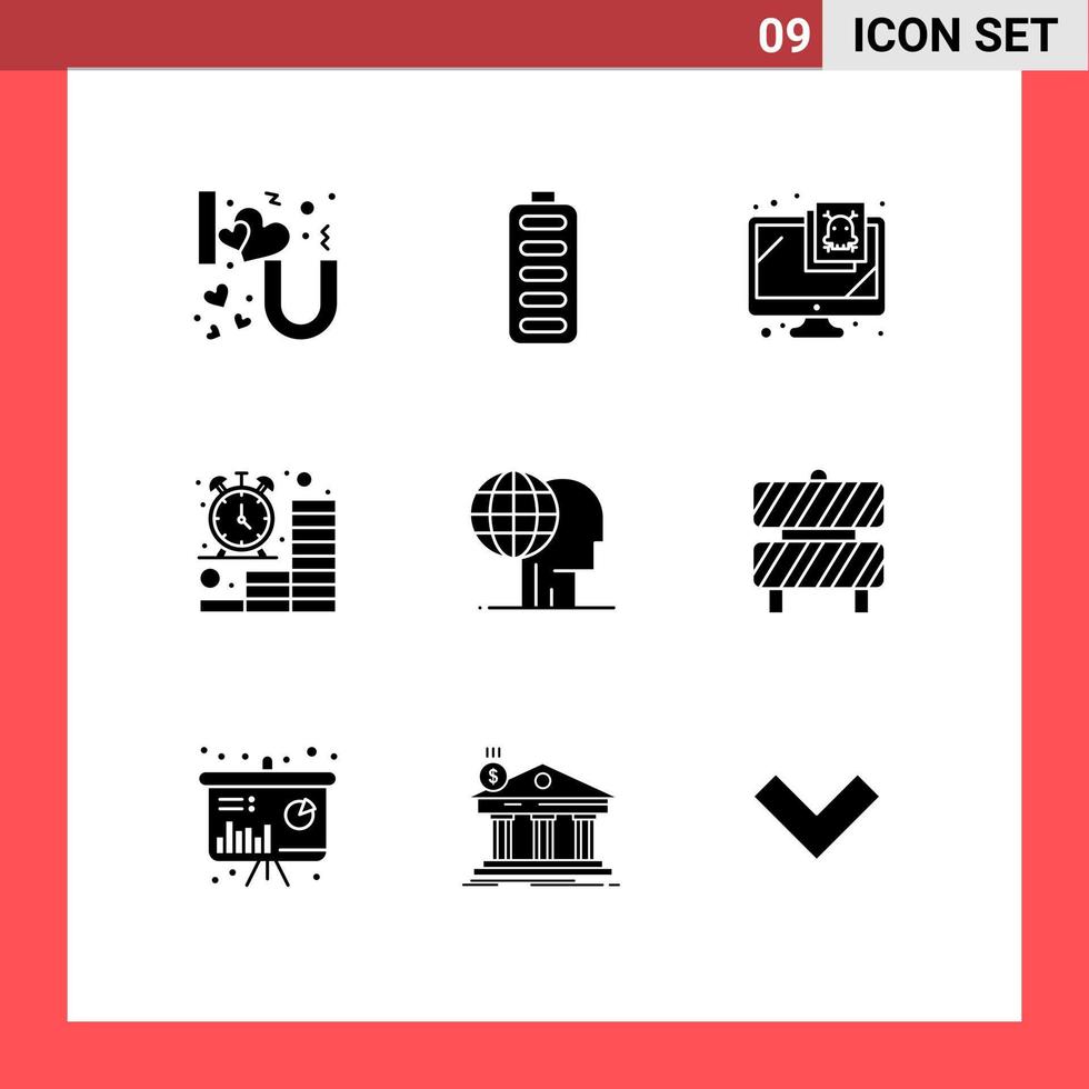 mobile interfaccia solido glifo impostato di 9 pittogrammi di globale marketing finanza computer monete attività commerciale modificabile vettore design elementi
