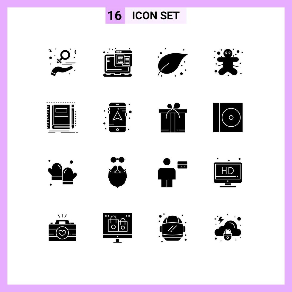 impostato di 16 moderno ui icone simboli segni per libro Pan di zenzero uomo ragnatela Zenzero pianta modificabile vettore design elementi