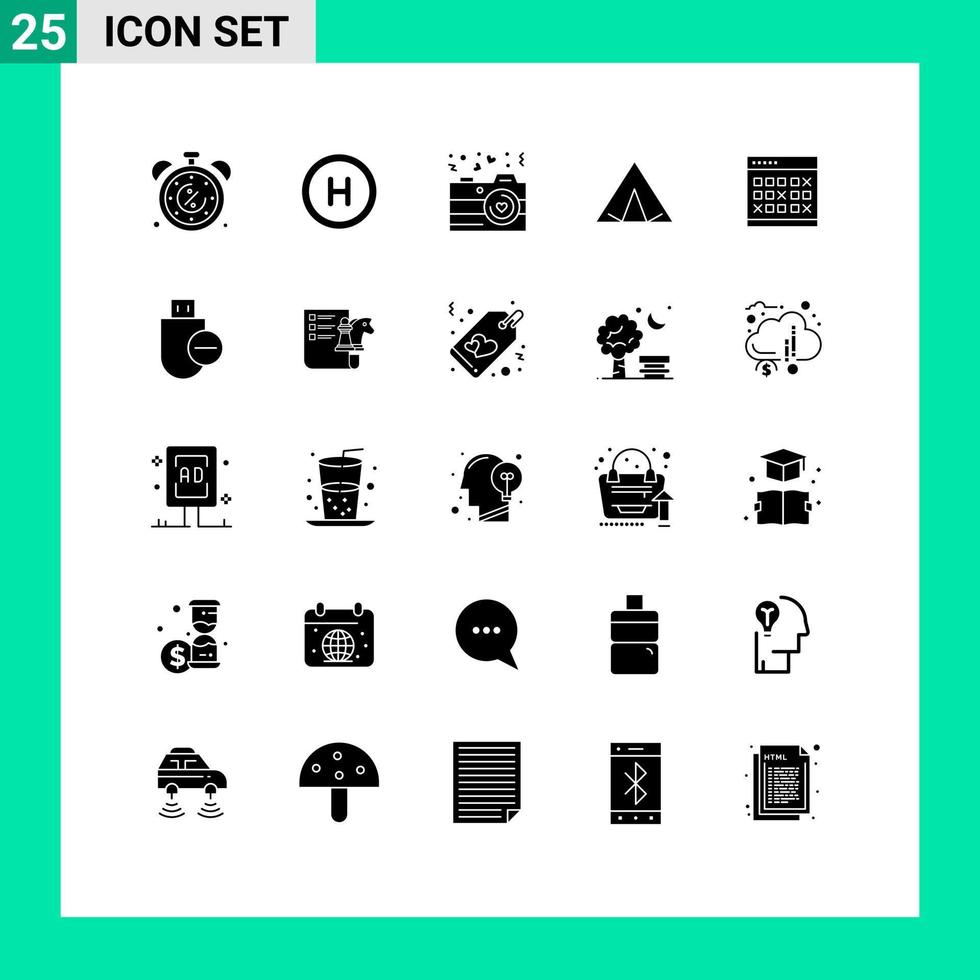moderno impostato di 25 solido glifi e simboli come come Data primavera telecamera wigwam campo modificabile vettore design elementi