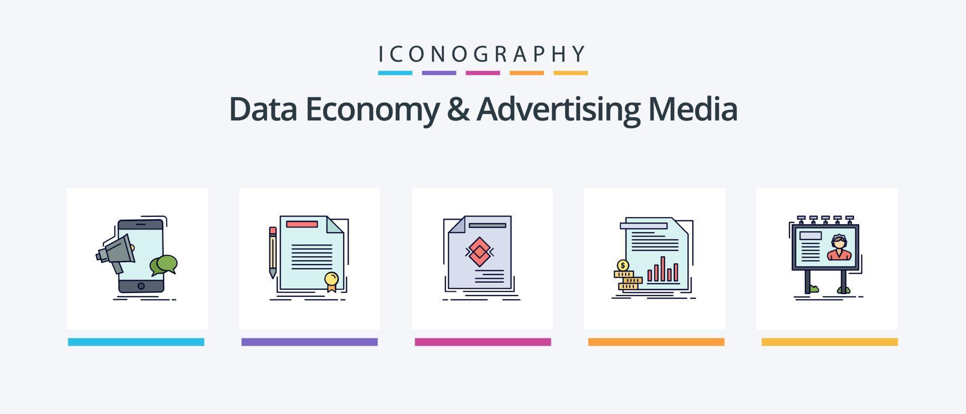 dati economia e pubblicità media linea pieno 5 icona imballare Compreso pubblicità. anno Domini. monitoraggio. tavola. tabellone. creativo icone design vettore