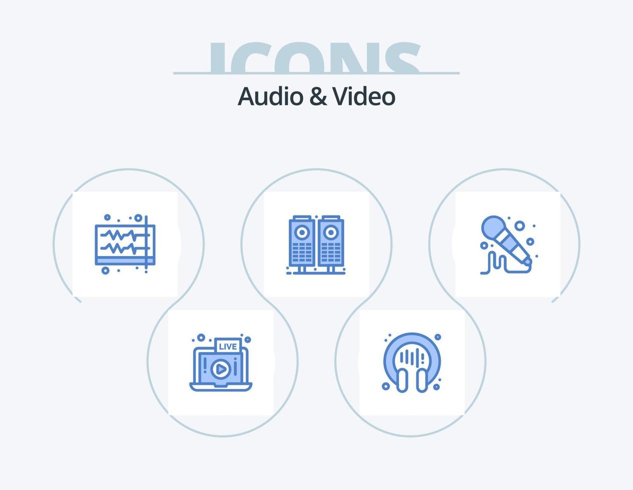 Audio e video blu icona imballare 5 icona design. microfono. oratore. Audio. suono. onda vettore