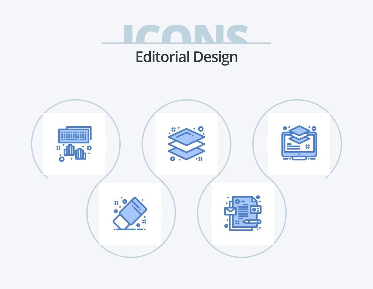 editoriale design blu icona imballare 5 icona design. respingente. strato. tastiera del computer. organizzare. strato vettore