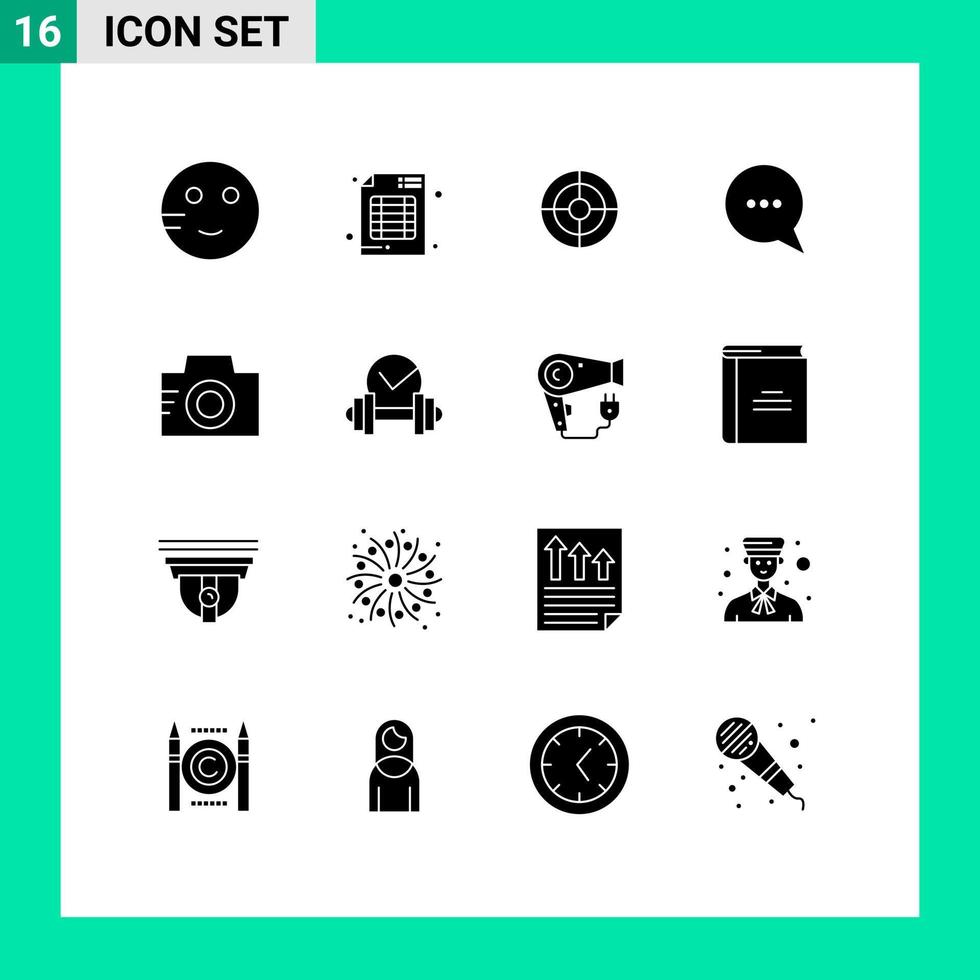 16 solido glifo concetto per siti web mobile e applicazioni foto telecamera attività commerciale Messaggio Chiacchierare modificabile vettore design elementi
