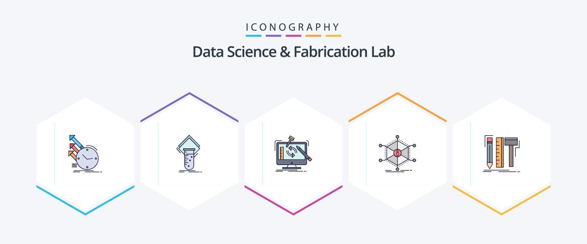 dati scienza e costruzione laboratorio 25 riga piena icona imballare Compreso Informazioni. dati. test. in lavorazione. utensili vettore