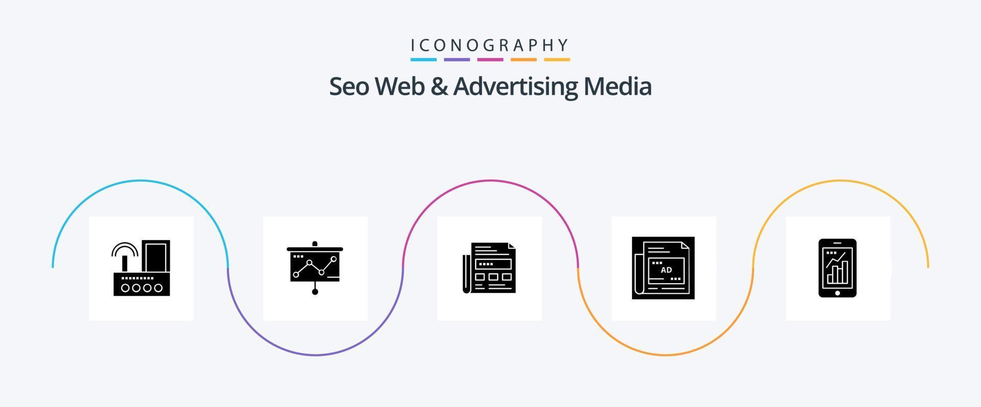 SEO ragnatela e pubblicità media glifo 5 icona imballare Compreso mobile grafico. infografica. proiettore. analitica. titolo vettore