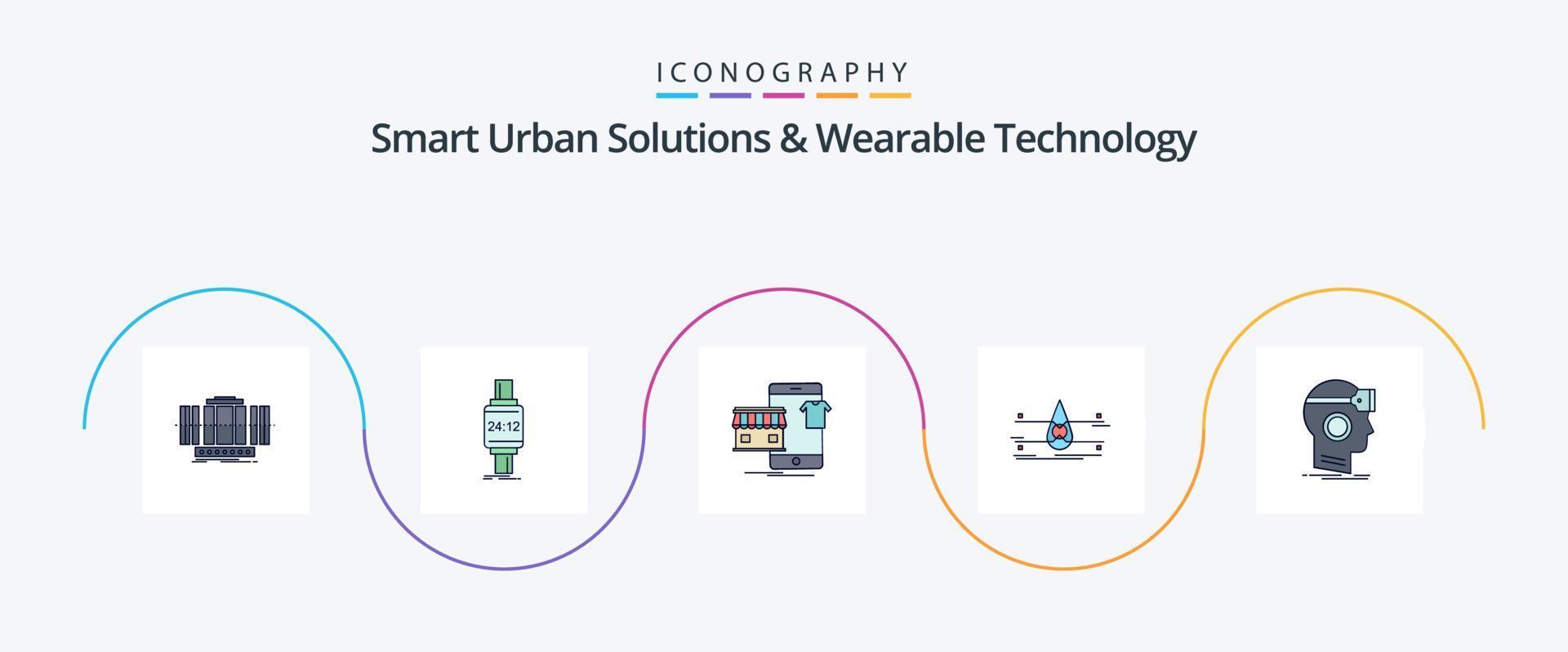 inteligente urbano soluzioni e indossabile tecnologia linea pieno piatto 5 icona imballare Compreso monitoraggio. negozio. Mela. in linea. indumenti vettore