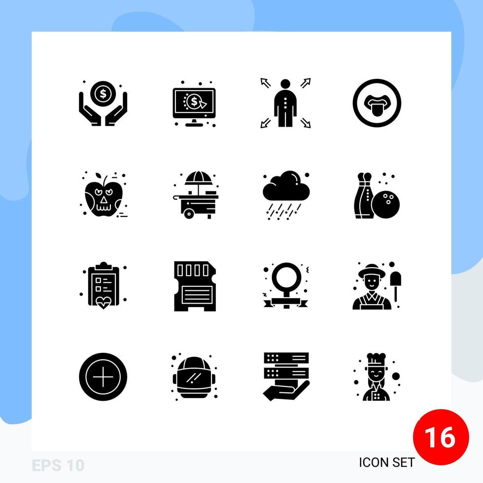 16 solido glifo concetto per siti web mobile e applicazioni veleno Mela attività commerciale scienza laboratorio modificabile vettore design elementi