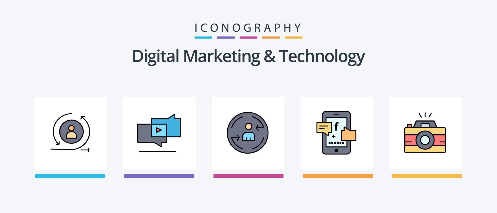 digitale marketing e tecnologia linea pieno 5 icona imballare Compreso pubblicità. macchina. abitare. Stampa. stampante. creativo icone design vettore