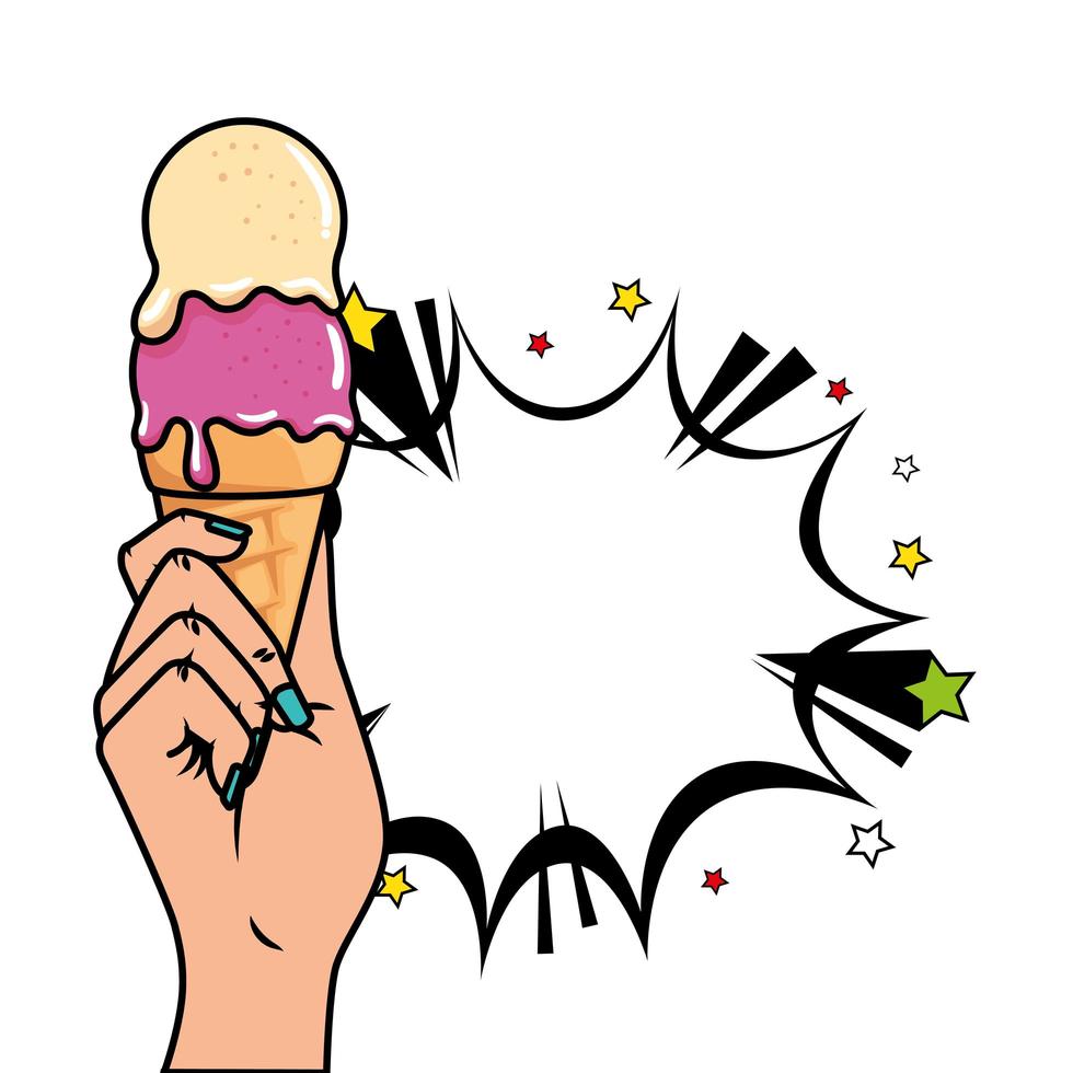 mano con gelato e icona di stile pop art esplosione vettore