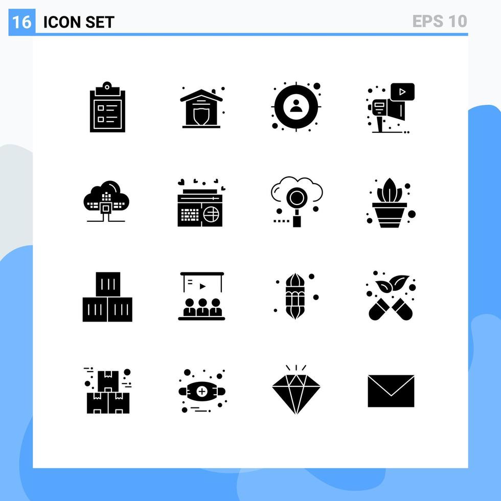 solido glifo imballare di 16 universale simboli di dati giocare messa a fuoco megafono pubblicità modificabile vettore design elementi