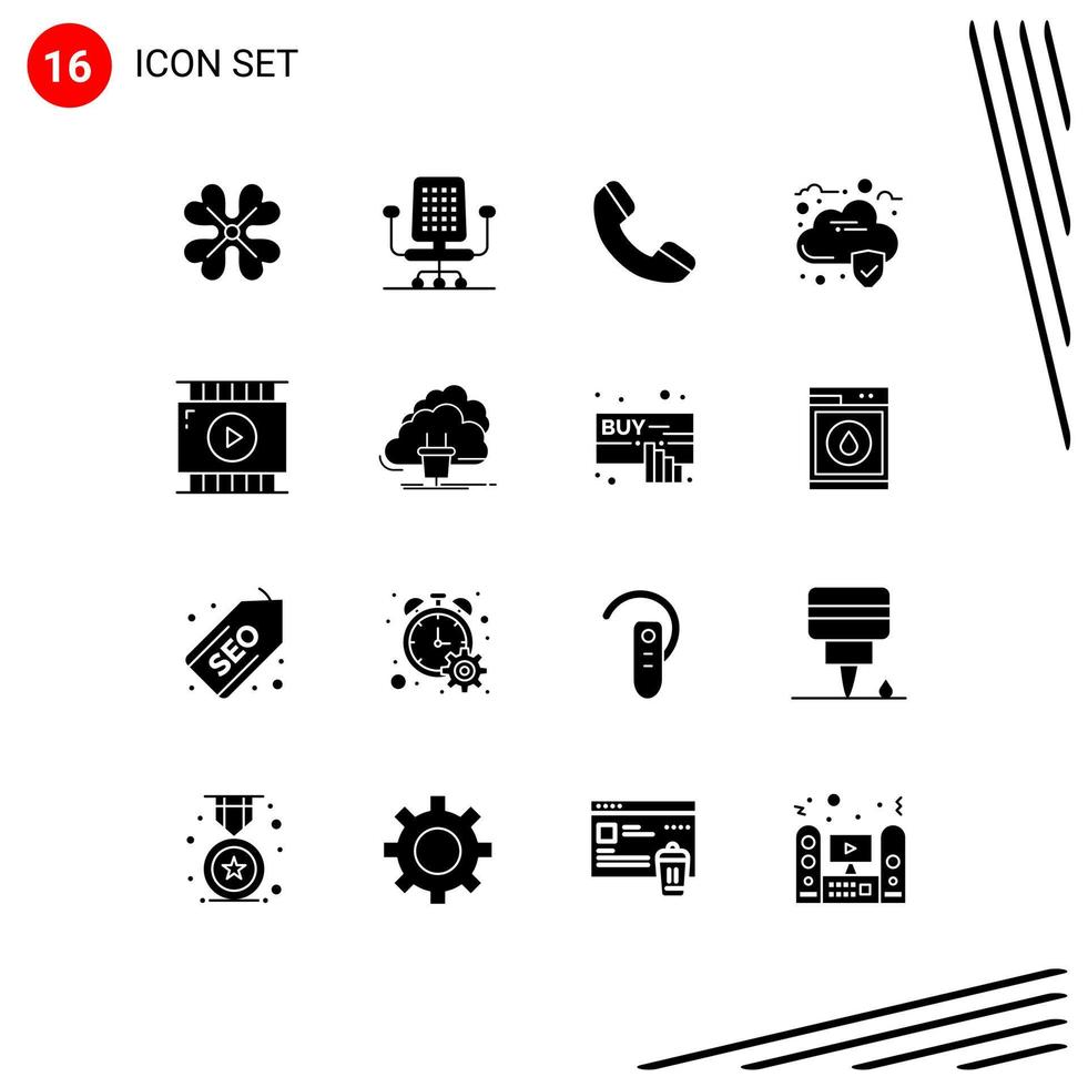 solido glifo imballare di 16 universale simboli di nube video App Telefono giornalista video sicurezza modificabile vettore design elementi