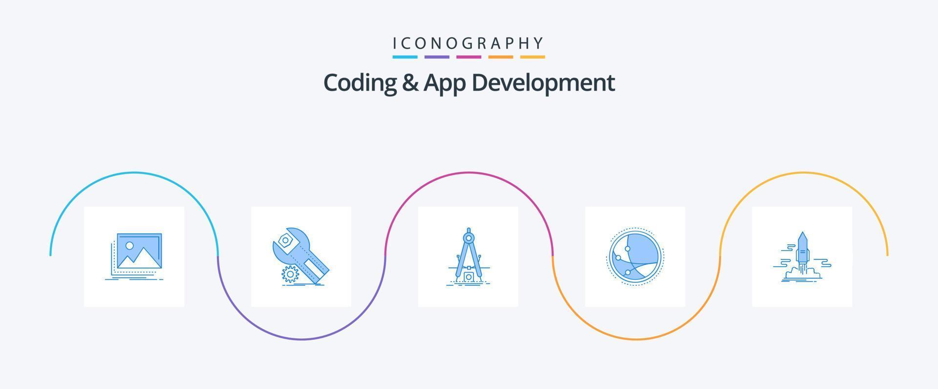 codifica e App sviluppo blu 5 icona imballare Compreso connessione. In tutto il mondo. Manutenzione. sviluppo. Prodotto vettore