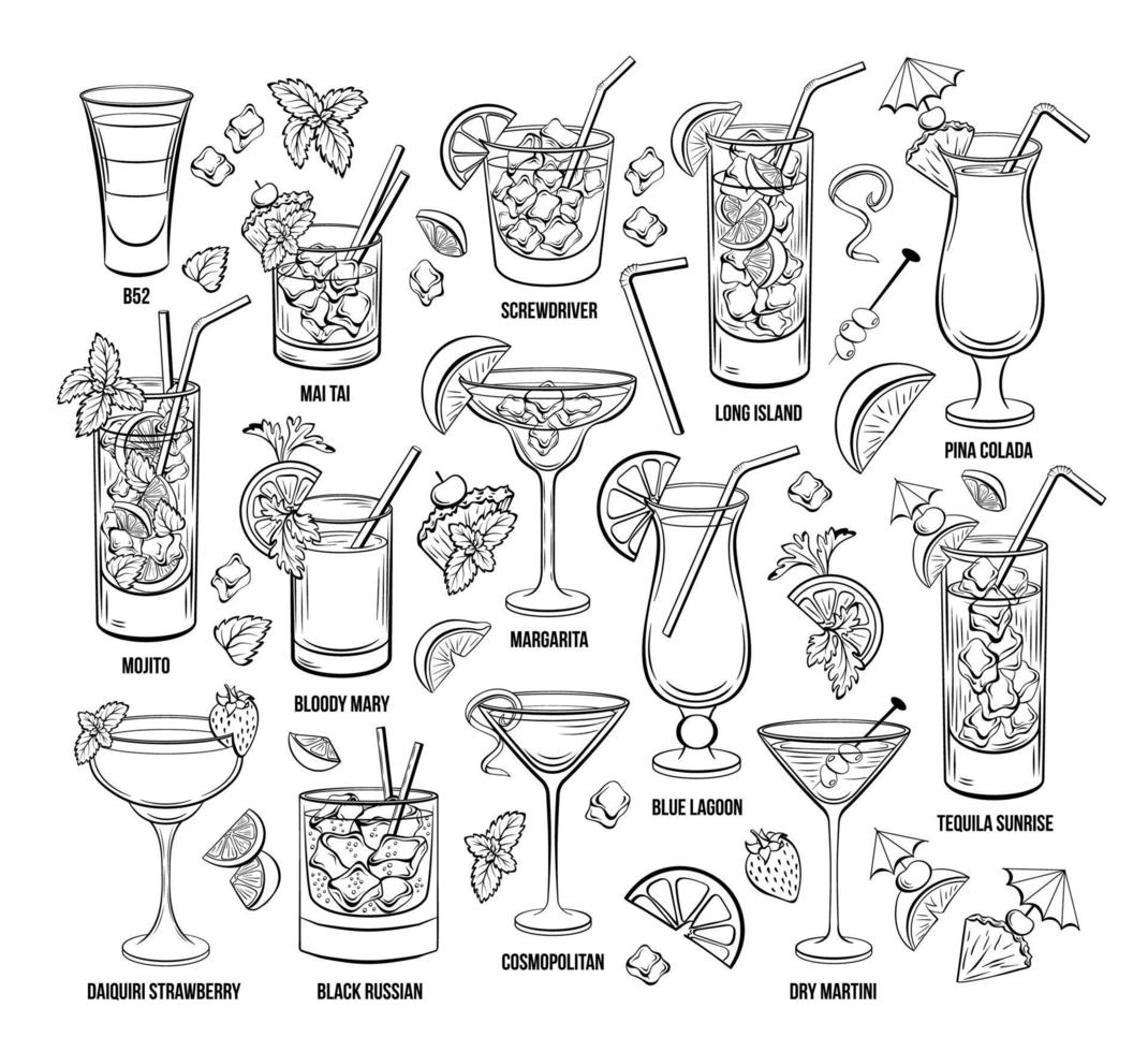 set di incisione vettoriale cocktail alcolici estivi. bevande o bevande disegnate a mano.