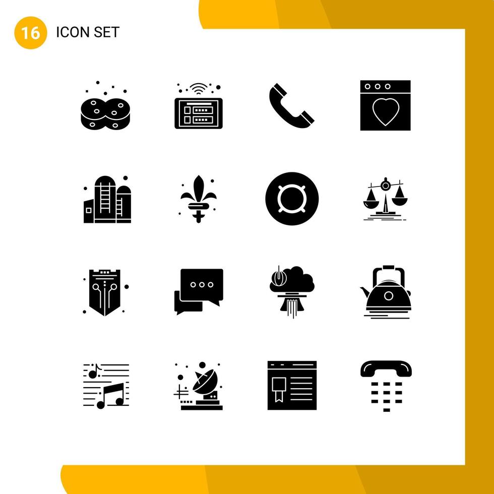 16 solido glifo concetto per siti web mobile e applicazioni grano agricoltura Wi-Fi Mac App modificabile vettore design elementi