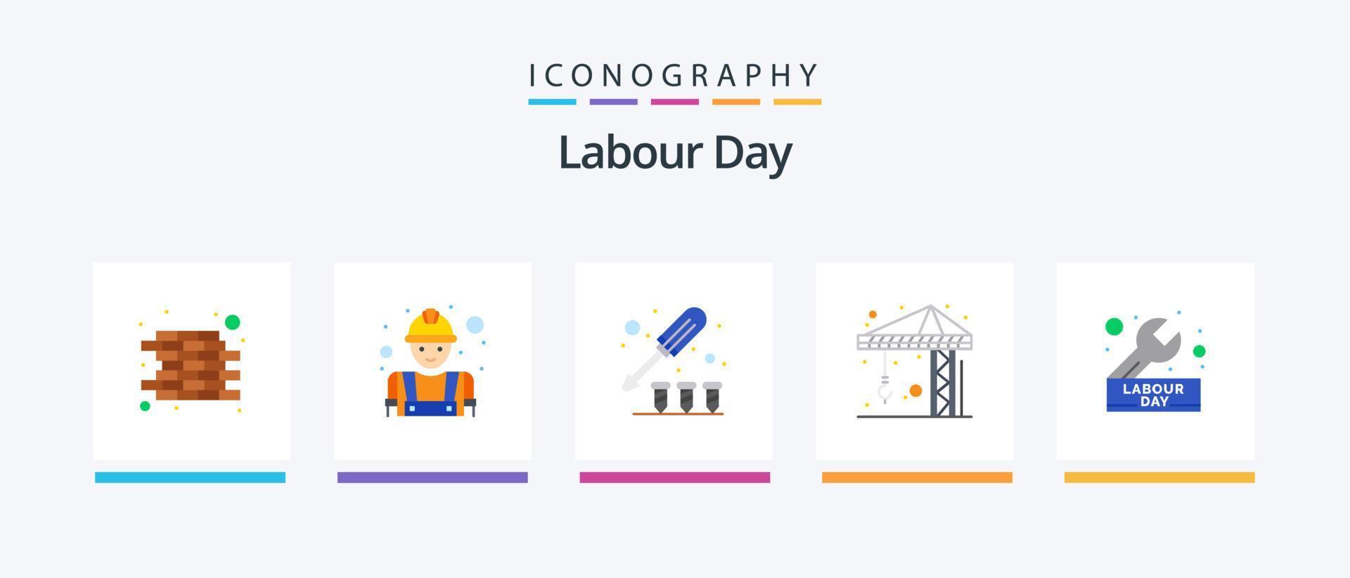 lavoro duro e faticoso giorno piatto 5 icona imballare Compreso riparazione. costruzione. vite. giorno. costruzione. creativo icone design vettore