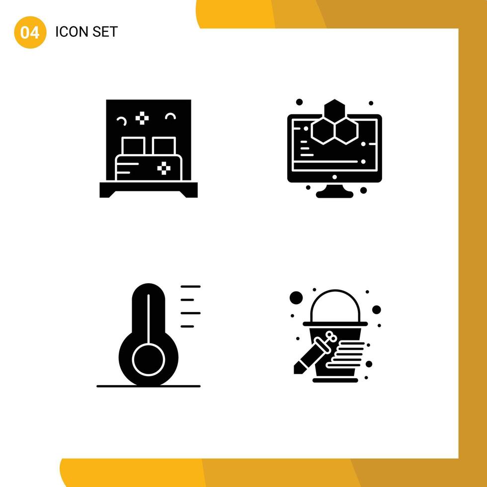 pittogramma impostato di 4 semplice solido glifi di letto temperatura dormire computer scienza tempo metereologico modificabile vettore design elementi