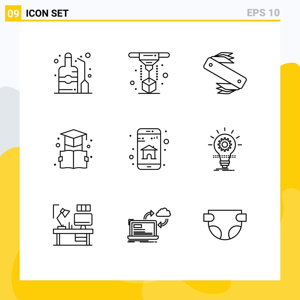 mobile interfaccia schema impostato di 9 pittogrammi di App formazione scolastica coltello segnalibro tasca modificabile vettore design elementi