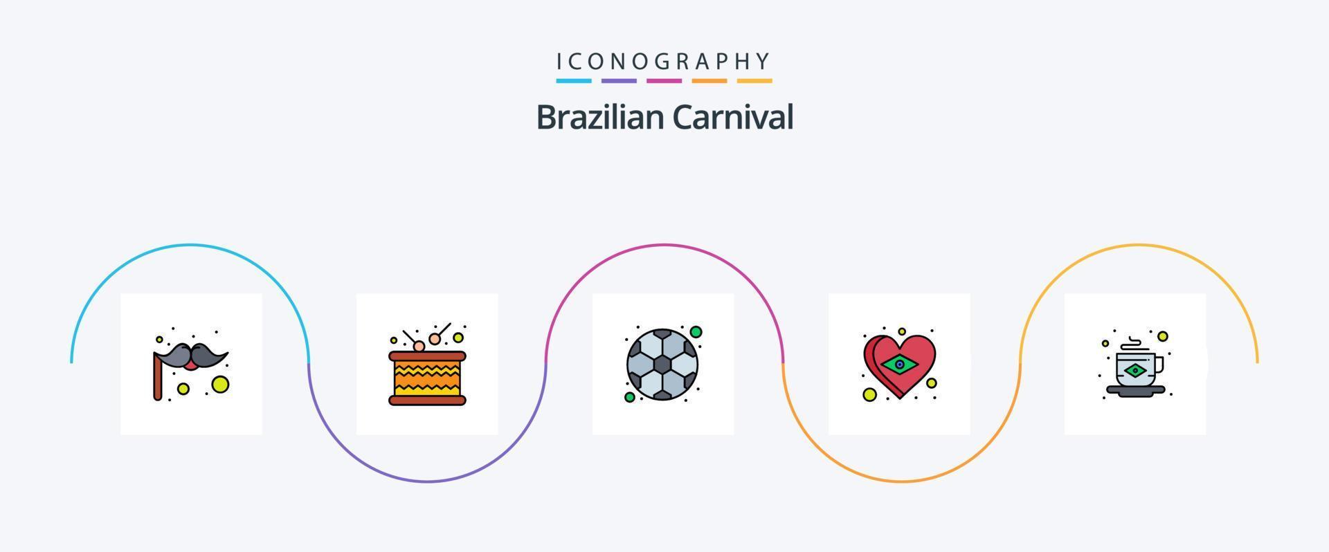 brasiliano carnevale linea pieno piatto 5 icona imballare Compreso tè. prima colazione. calcio. amore. bandiera vettore