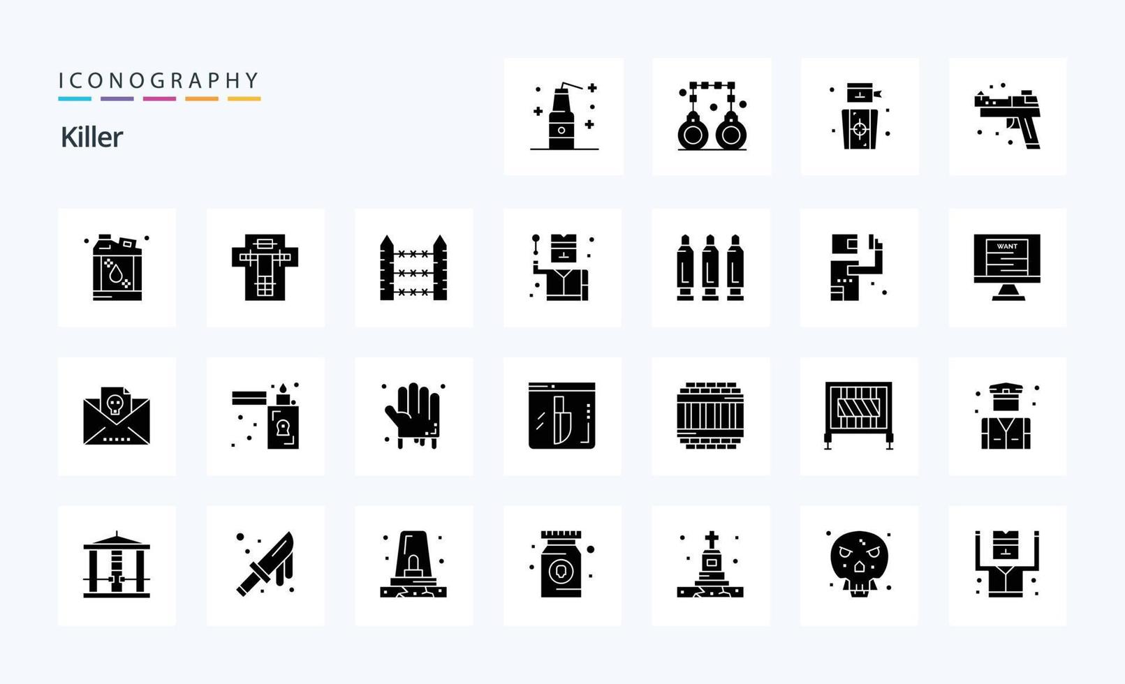 25 uccisore solido glifo icona imballare vettore