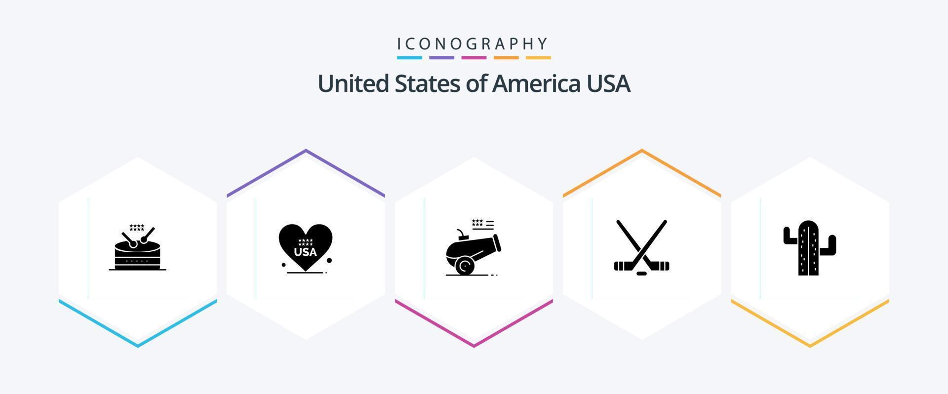 Stati Uniti d'America 25 glifo icona imballare Compreso Stati Uniti d'America. americano. grande pistola. sport. hokey vettore