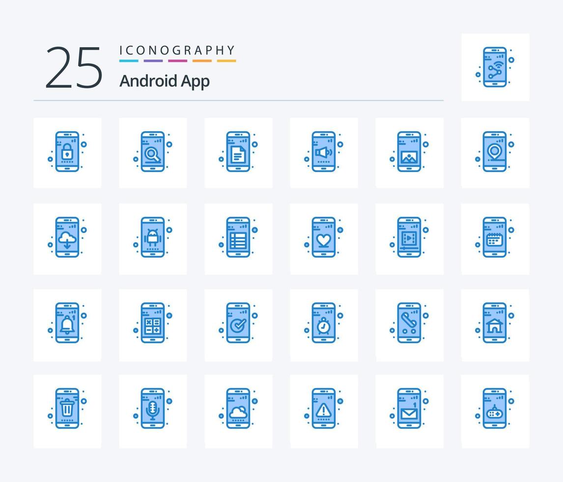 androide App 25 blu colore icona imballare Compreso applicazione. volume. dati. suono. App vettore