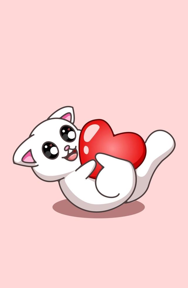 kawaii e gatto divertente che rotola con un grande cuore di San Valentino illustrazione del fumetto vettore