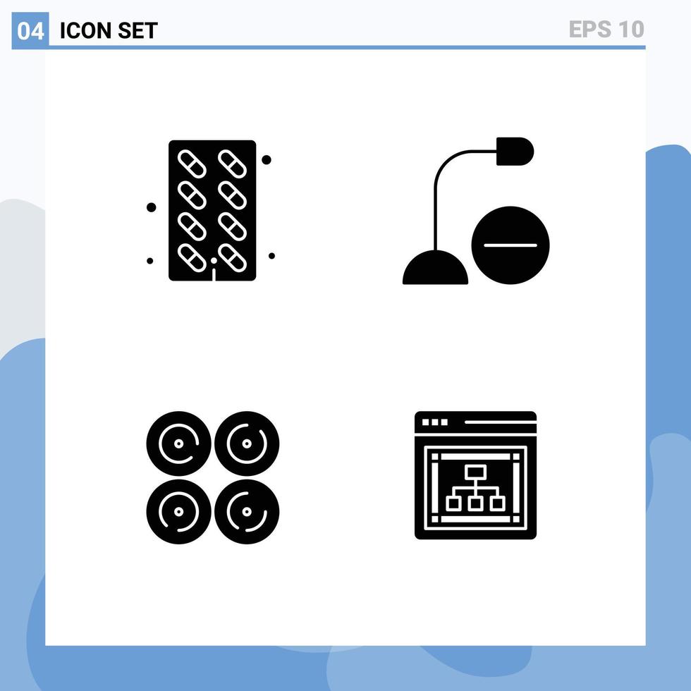 moderno impostato di 4 solido glifi pittogramma di capsula ciambella medicina aggeggio cibo modificabile vettore design elementi