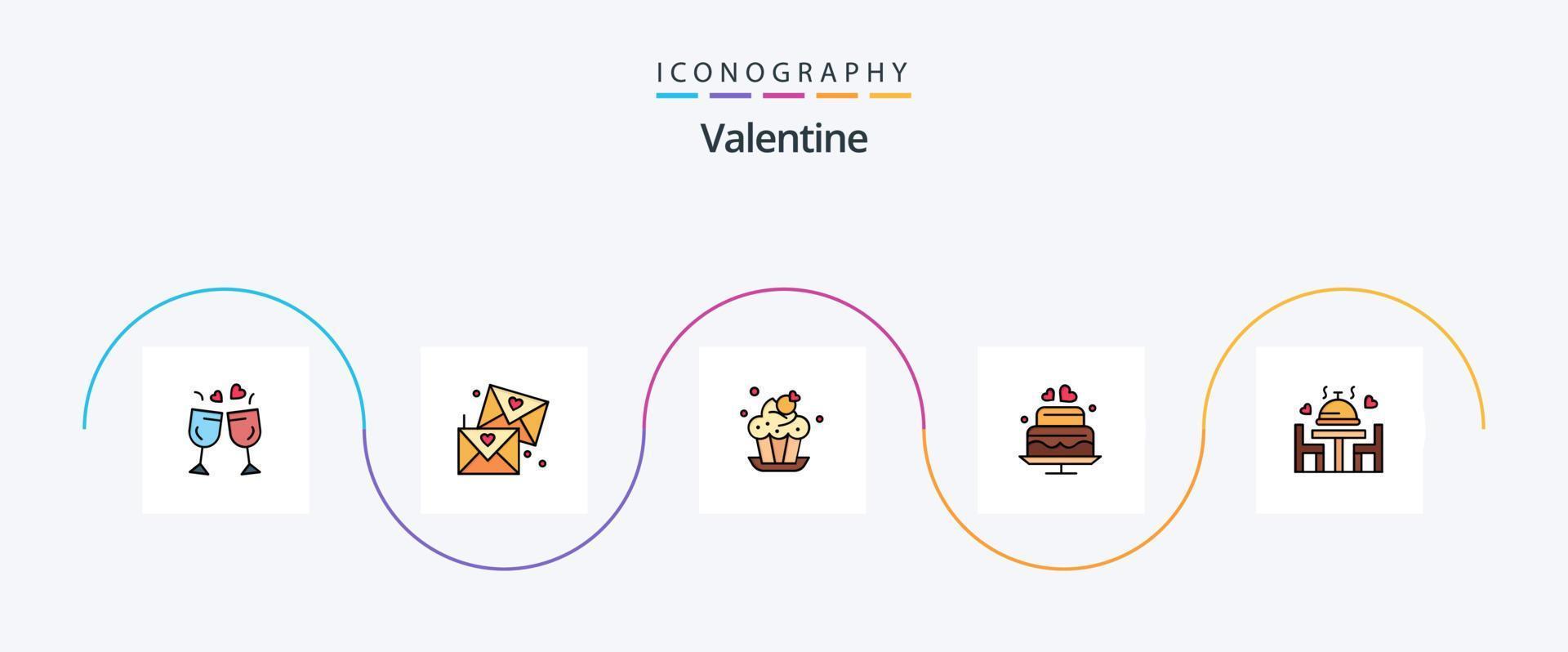 San Valentino linea pieno piatto 5 icona imballare Compreso amore. nozze. forno. cuore. torta vettore