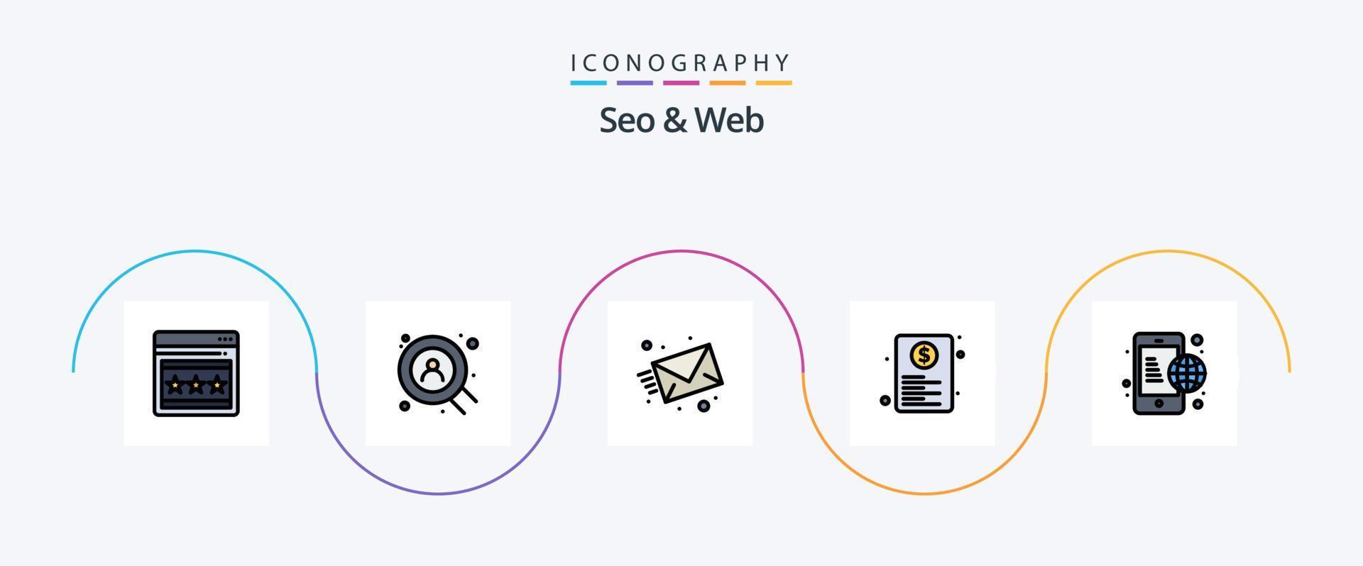 SEO e ragnatela linea pieno piatto 5 icona imballare Compreso globale. attività commerciale. Messaggio. ragnatela. pagina vettore