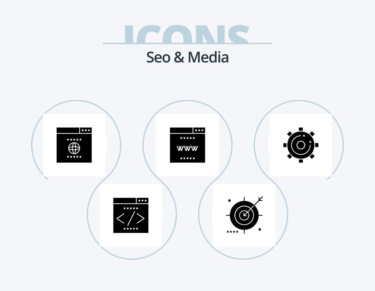 SEO e media glifo icona imballare 5 icona design. media. luogo. ricerca. seo. Internet vettore