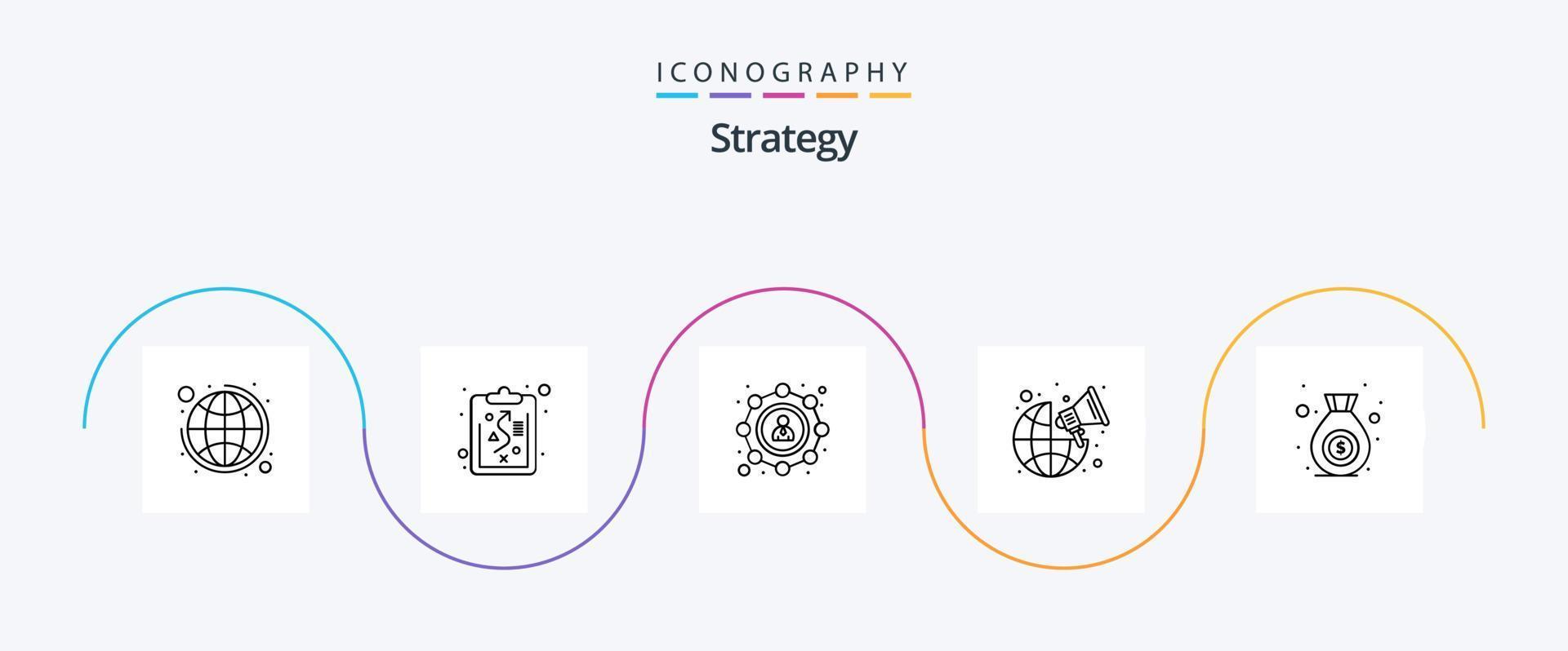 strategia linea 5 icona imballare Compreso i soldi. Borsa. seo. In tutto il mondo. globale vettore