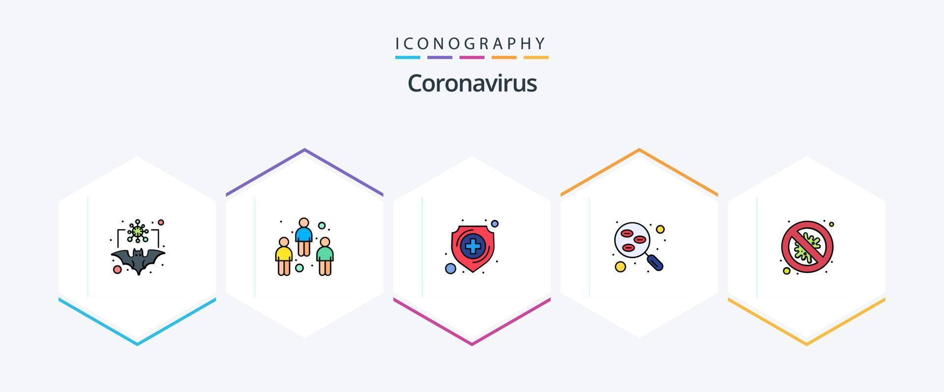 coronavirus 25 riga piena icona imballare Compreso batteri. ricerca. utente. laboratorio. scudo vettore