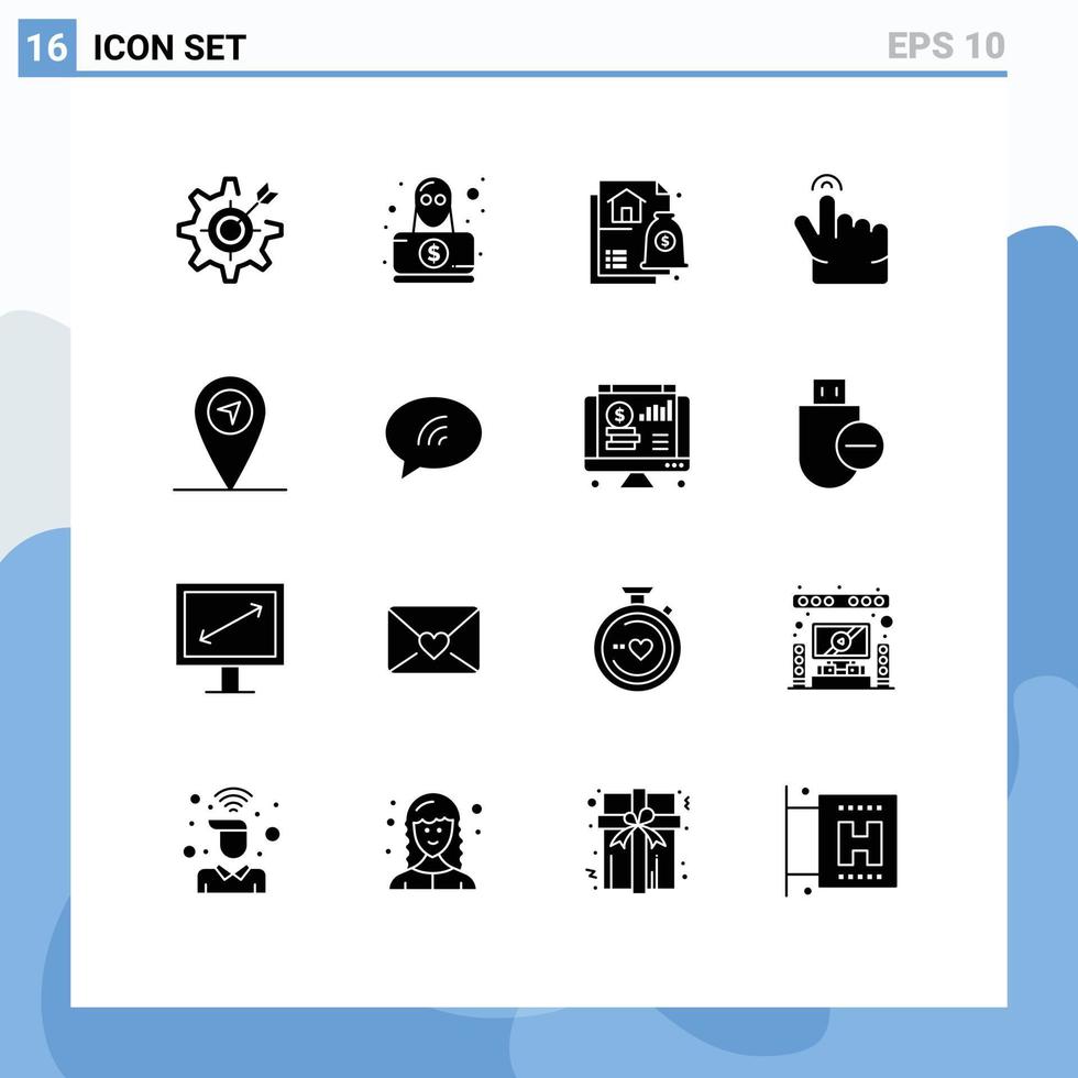 pittogramma impostato di 16 semplice solido glifi di carta geografica toccare rapina gesto mutuo modificabile vettore design elementi