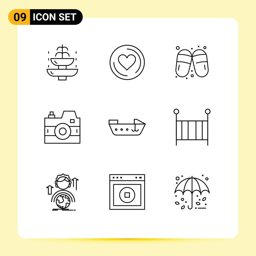 mobile interfaccia schema impostato di 9 pittogrammi di il motore fotografia sandalo foto telecamera modificabile vettore design elementi