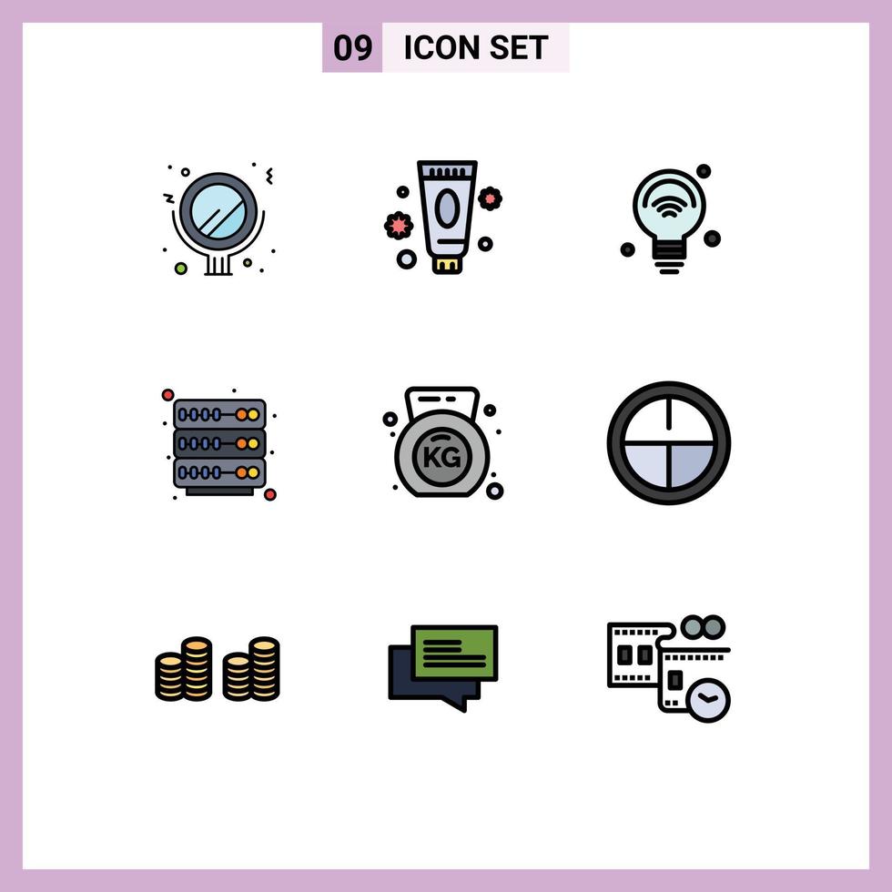 mobile interfaccia riga piena piatto colore impostato di 9 pittogrammi di fitness server lampadina cremagliera Wi-Fi modificabile vettore design elementi