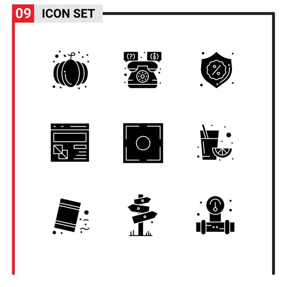 imballare di 9 creativo solido glifi di messa a fuoco pagina sicurezza sviluppo del browser modificabile vettore design elementi