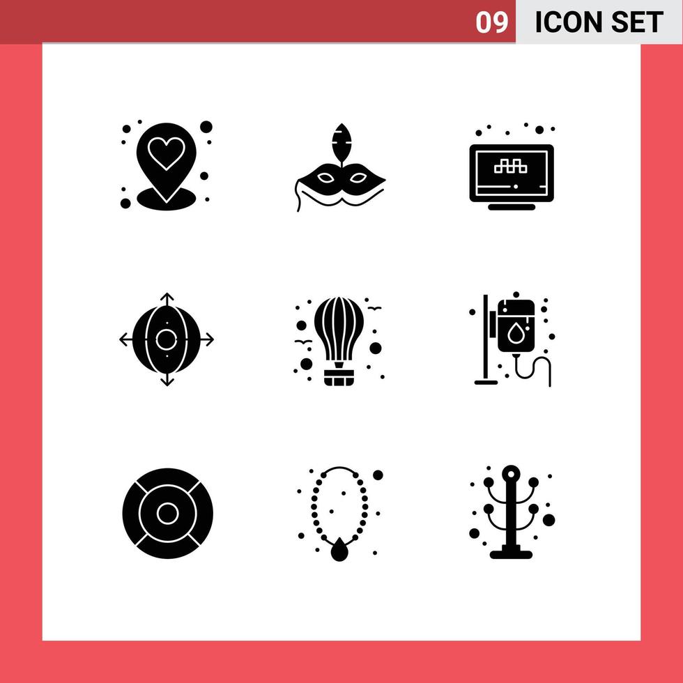 moderno impostato di 9 solido glifi pittogramma di Palloncino Prodotto ricerca gestione attività commerciale modificabile vettore design elementi