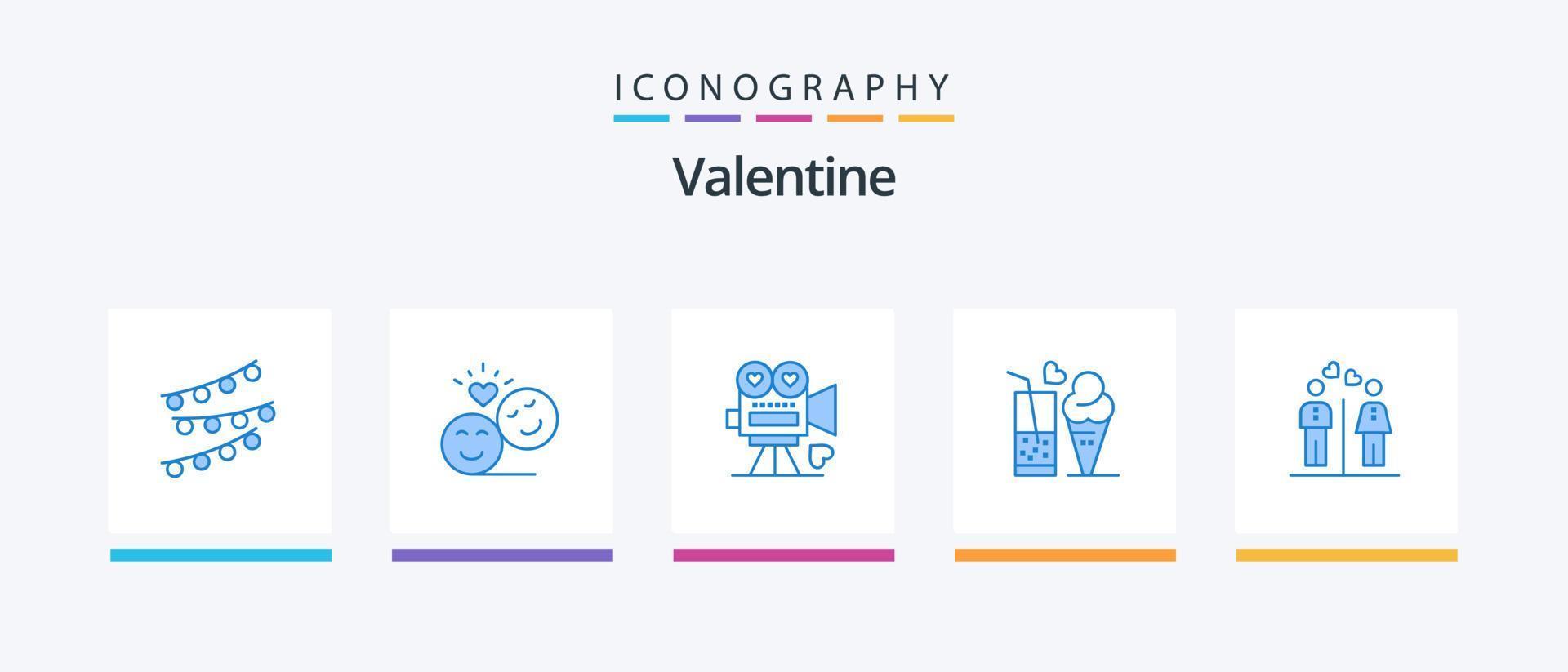 San Valentino blu 5 icona imballare Compreso bicchiere. cibo. emoji. san valentino. video telecamera. creativo icone design vettore