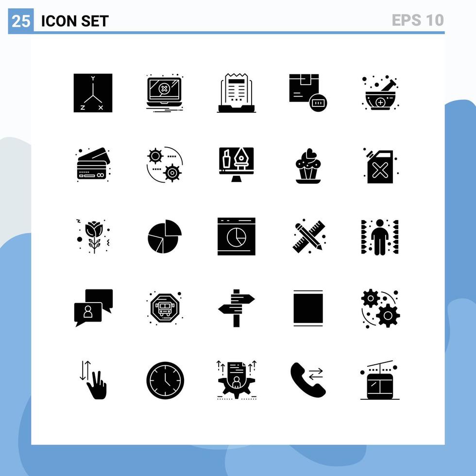 mobile interfaccia solido glifo impostato di 25 pittogrammi di ciotola spedizione il computer portatile consegna codice a barre modificabile vettore design elementi