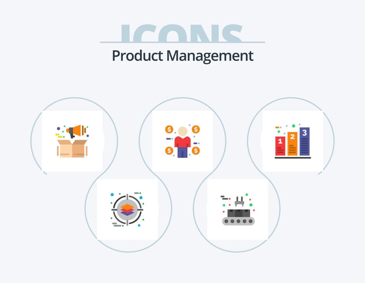 Prodotto gestione piatto icona imballare 5 icona design. grafico. consumatore. gestione. moneta. attività commerciale vettore
