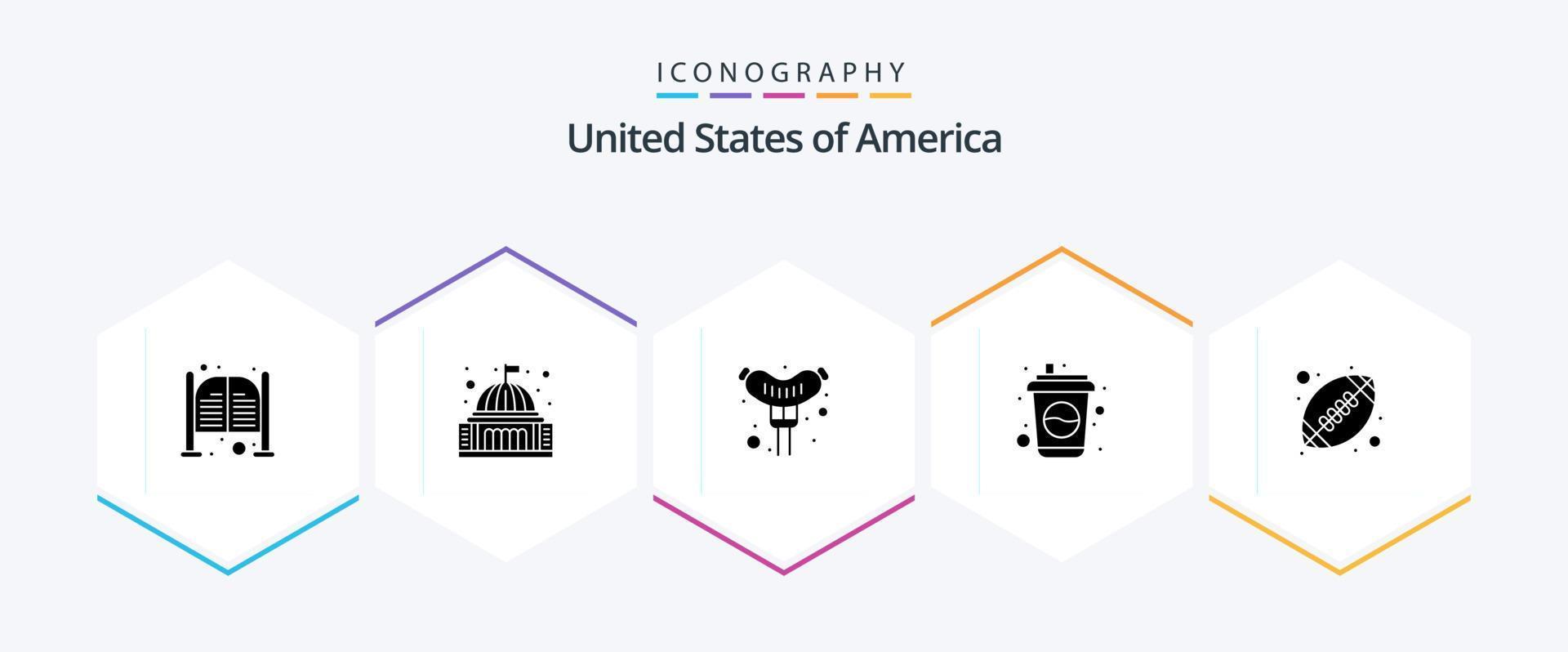 Stati Uniti d'America 25 glifo icona imballare Compreso sfera. bere. punto di riferimento. Coca Cola. salsiccia vettore