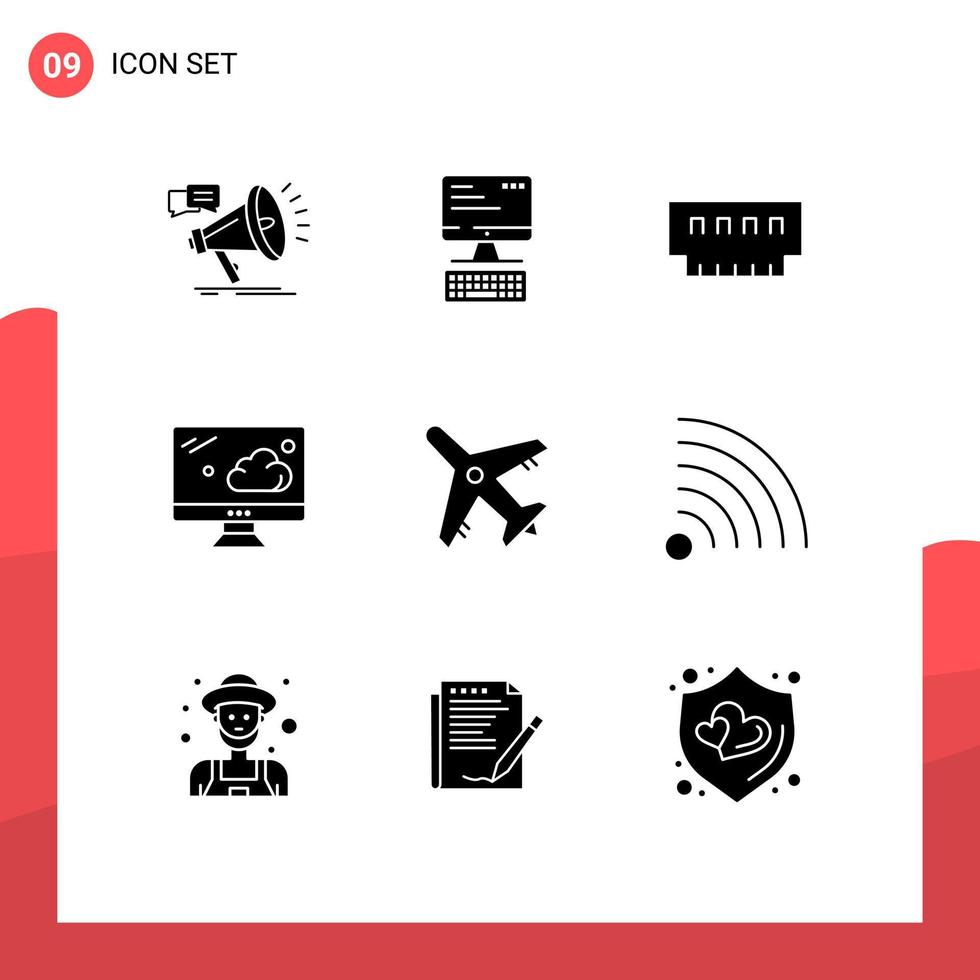moderno impostato di 9 solido glifi pittogramma di aeroporto tenere sotto controllo calcolo nube hardware modificabile vettore design elementi
