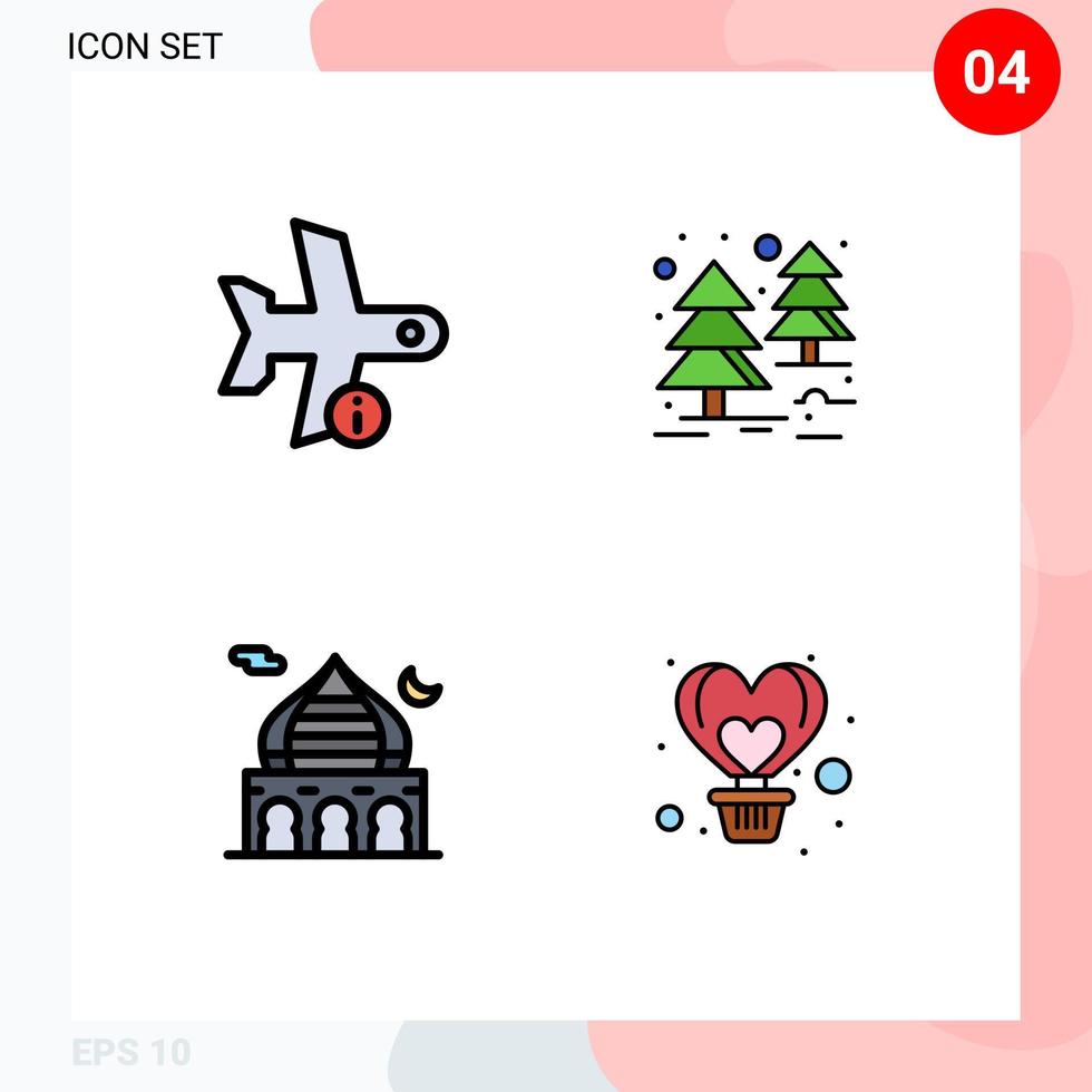 pittogramma impostato di 4 semplice riga piena piatto colori di volo Masjid trasporto giungla Luna modificabile vettore design elementi