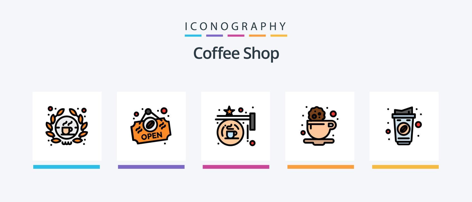 caffè negozio linea pieno 5 icona imballare Compreso libro. caffè. lampadina. rompere. luci. creativo icone design vettore