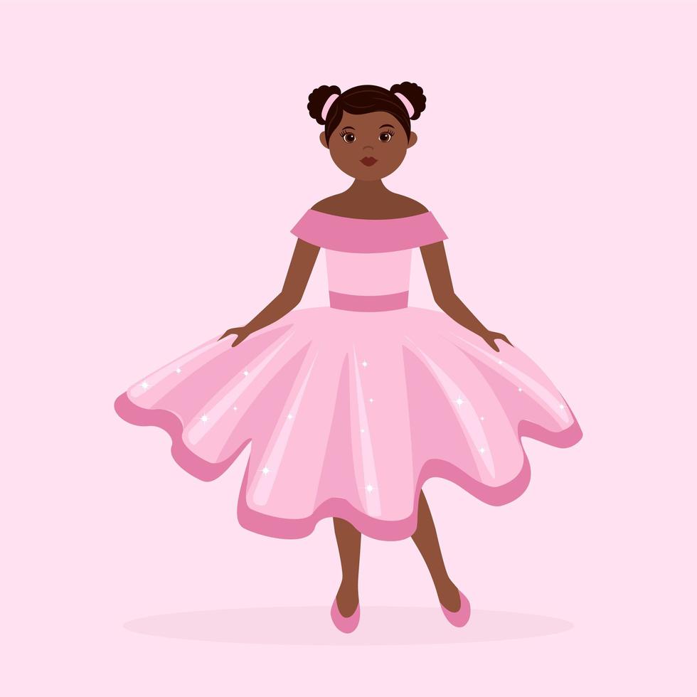 piccola principessa ragazza nera indossa un abito da ballo rosa vettore